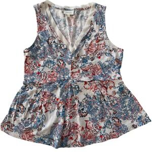 Deletta Floral Print Tank Top‎ Sleeveless V Neck White Blue Red Women's L